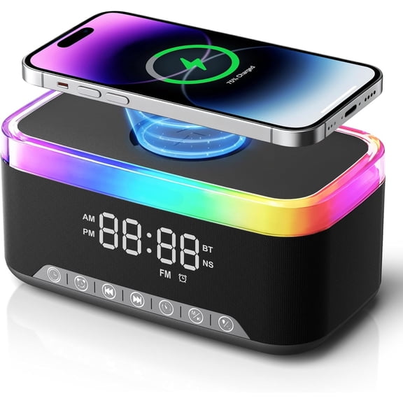Alarm Clock Radio with Wireless Charger, Bluetooth Speaker, FM Radio, RGB Light, Black