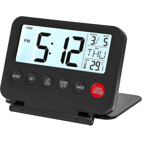 Alarm Clock Small Digital Battery Operated Portable Clock Mini Foldable LCD Display Alarm with Backlight Calendar Temperature 12/24H Snooze Weekend Mode Hogmanay Gifts(Batteries Not Included)