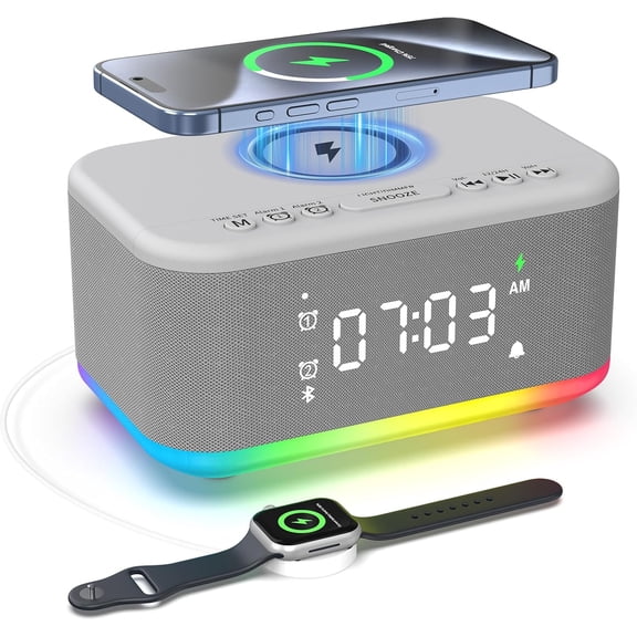 Alarm Clock Speaker Wireless Charger, Digital Alarm Clocks Bedrooms Bluetooth, Alarm Clock Dimmable Light Bedrooms Bluetooth Speaker Dual Alarm Snooze 12/24H Dimmer Support USB AUX, Grey