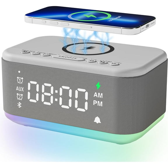 Alarm Clock Speaker Wireless Charger, Digital Alarm Clocks Bedrooms Bluetooth, Alarm Clock Dimmable Light Bedrooms Dual Alarm Snooze Dimmer 12 24H RGB Night Light Bluetooth USB AUX, Gray