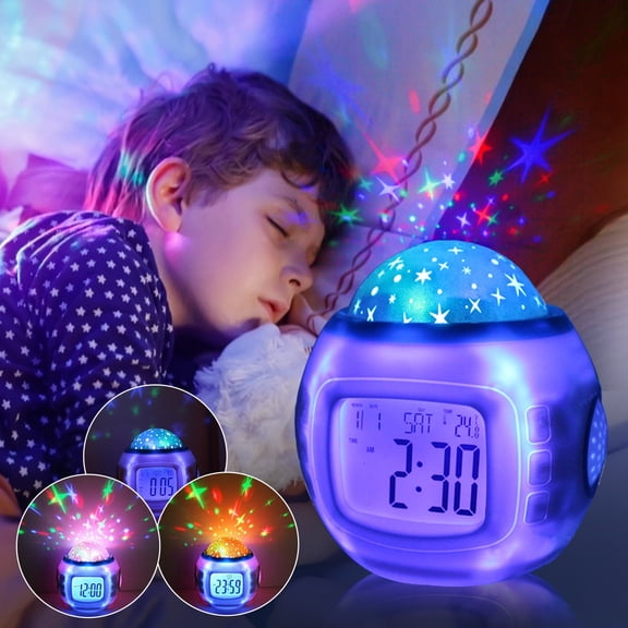Alarm Clock Projector, Teenager Sleep Clock, Starry Sky Night Light Star Projection Clock, Music Digital Alarm Clock with LED Backlight Calendar Thermometer for Bedroom Party