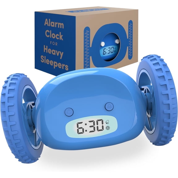 Alarm Clock on Wheels – Loud Rolling Alarm Clock for Heavy Sleepers | Runaway Clock That Jumps & Runs to Wake You Up | Funny Unique Gift for Adults, Teens & Kids Bedrooms (Blue)