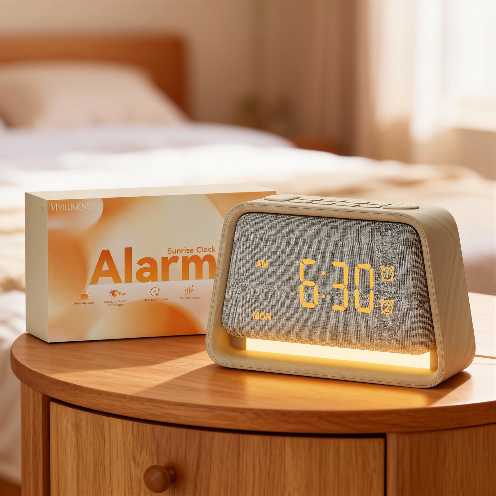 Sunrise Alarm Clock with Wake Up Light, White Noise Sound Machine, 10 Soothing Sounds, Dual Alarms, Dimmable Night Light for Bedroom