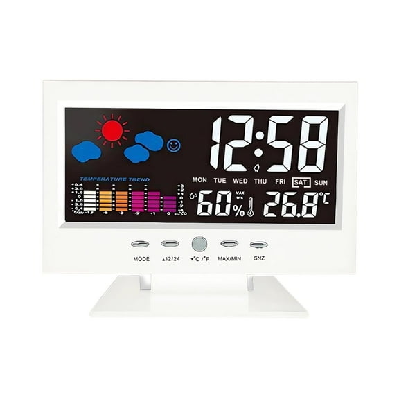Alarm Clock White Weather Station Wireless Indoor Outdoor Thermometer Temperature Desk Digital Alarm Clock Weather Thermometer LED Temperature Humidity Monitor