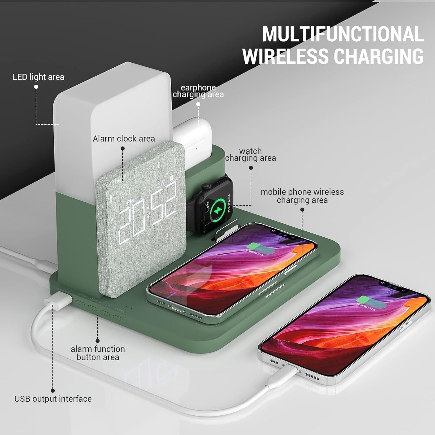 Alarm Clock with Wireless Charger, Night Light, Wireless Charging Station, 3 in 1 Charging Station, iPhone 12/13/14/15/16 Pro/13 Mini/13 Pro Max/12 pro, AirPods