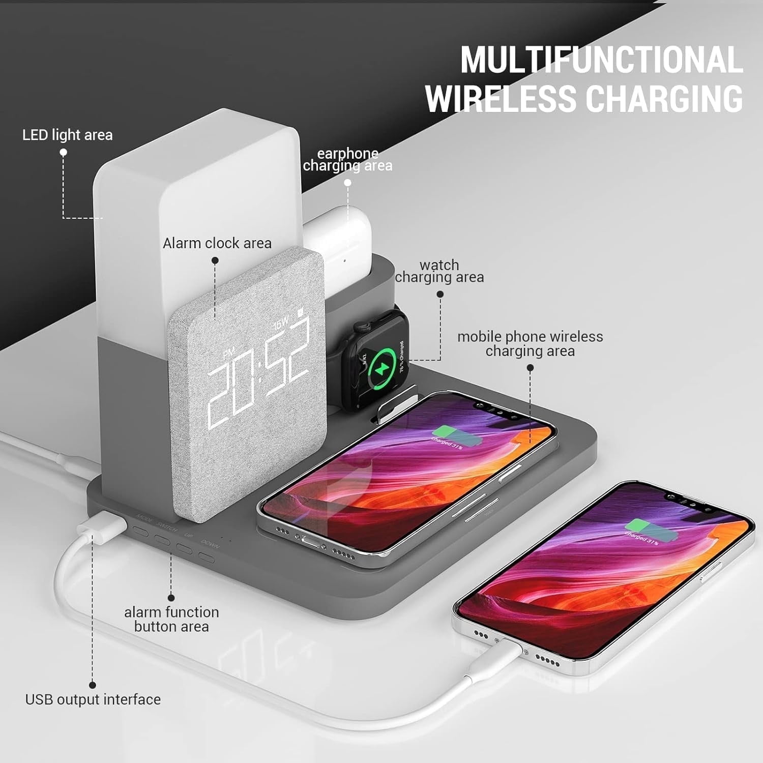 Alarm Clock with Wireless Charger, Night Light, Wireless Charging Station, 3 in 1 Charging Station, iPhone 12/13/14/15/16 Pro/13 Mini/13 Pro Max/12 pro, AirPods