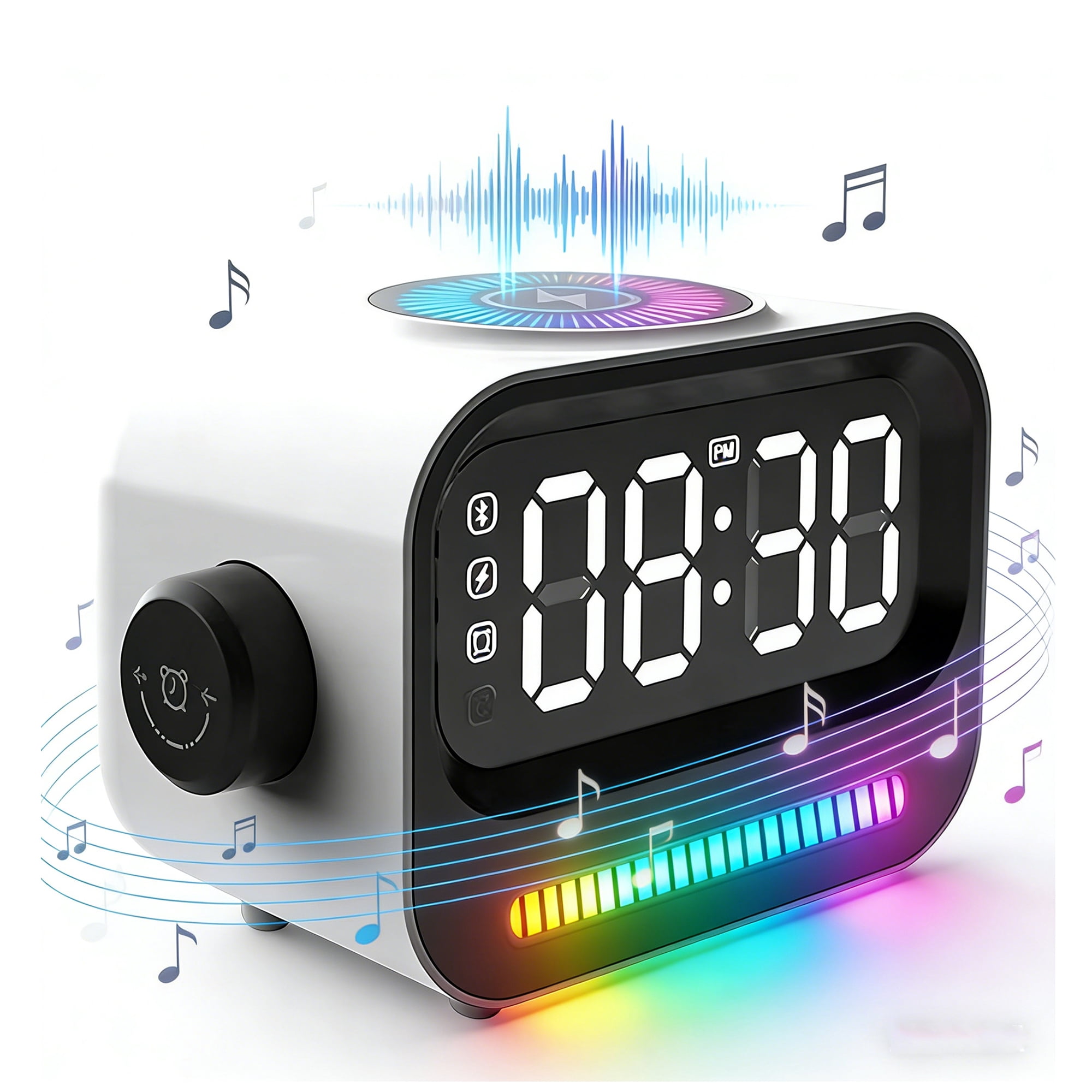 Alarm Clock with Wireless Charging, 3 in 1 Bluetooth Speaker, Digital Alarm Clock with RGB Light Clock and Speaker, LED Large Display Digital Alarm Clock for Teens Girls Boys (White)