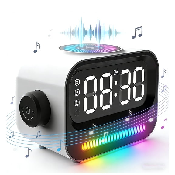 Alarm Clock with Wireless Charging, 3 in 1 Bluetooth Speaker, Digital Alarm Clock with RGB Light Clock and Speaker, LED Large Display Digital Alarm Clock for Teens Girls Boys (White)