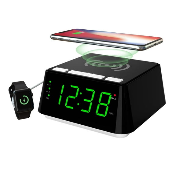 Alarm Clock with Wireless Charging, Dual Alarm, Snooze, Brightness Dimmer, USB Charging Port, Big LED Display, Night Light, Indoor Temperature & Humidity Display iTOMA CKS801