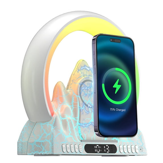 Alarm Clock with Wireless Charging Tuya APP Remote Control 12/24H White Noise Sleep Soothing Sound Machine Sunrise Volcano Alarm Clock with BT5.0 Speaker FM Radio Colorful LED Night Light for Dorm
