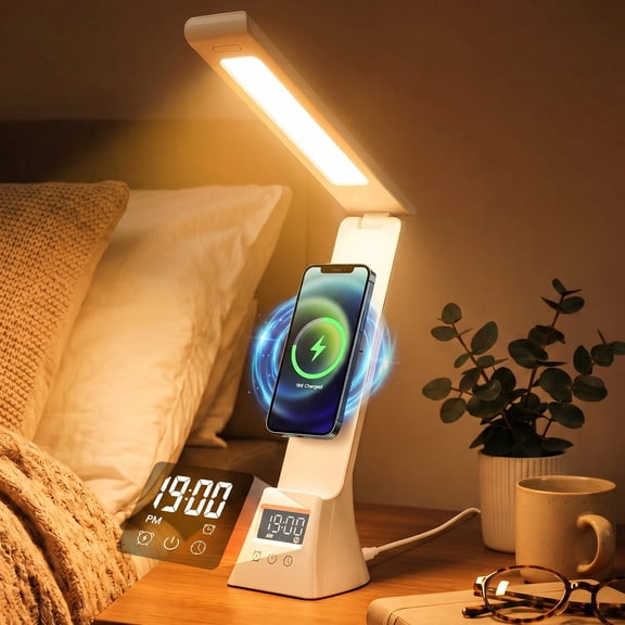 Jionchery LED Dimmable Desk Lamp with Digital Alarm Clock, 3 Color Modes Foldable Table Lamp with 15W Wireless Charger & USB Port, Portable Adjustable Angle Table Light for Reading Office Study Home