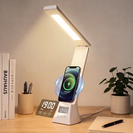 Jionchery LED Dimmable Desk Lamp with Digital Alarm Clock, 3 Color Modes Foldable Table Lamp with 15W Wireless Charger & USB Port, Portable Adjustable Angle Table Light for Reading Office Study Home