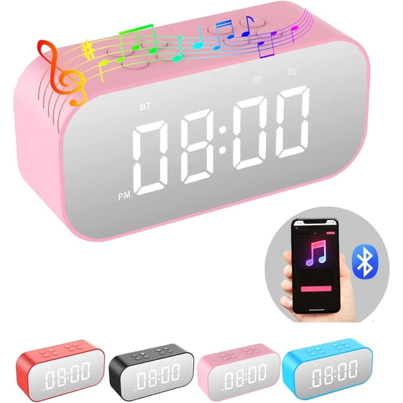 Alarm Clock with Bluetooth Speaker for Bedroom,Small Digital Dual Alarms,Snooze,Mirror LED Display Girls,Adults.