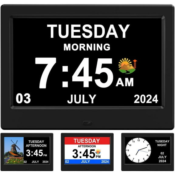Alarm Clock with Day and Date for Elderly Digital Calendar Clock Photo Frame- Auto Dimmable Display 15 Alarm Options (7inch Black)