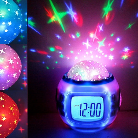 Alarm Clock with Star Projector Digital Sound Machine Calendar Night Light, Music Projection Bedside Clock for Bedroom Children Birthday GiftsWhite