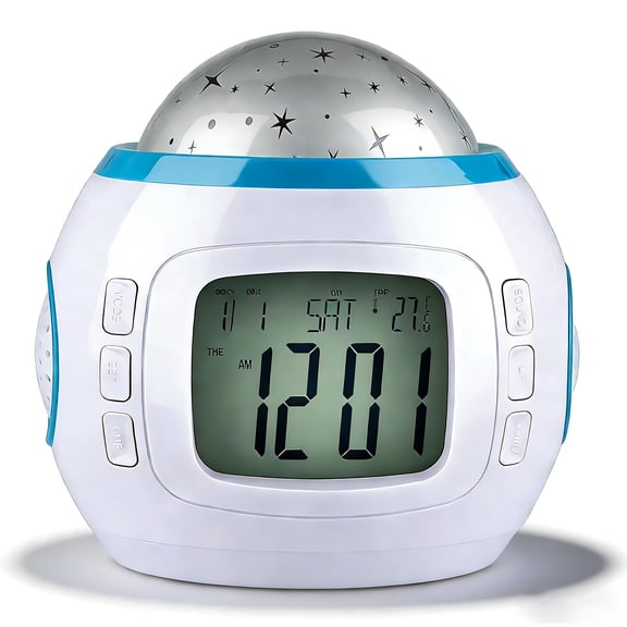 Alarm Clock with Starry Sky Night Light, Digital Music Clock with LED Backlight, Calendar, Thermometer for Bedroom