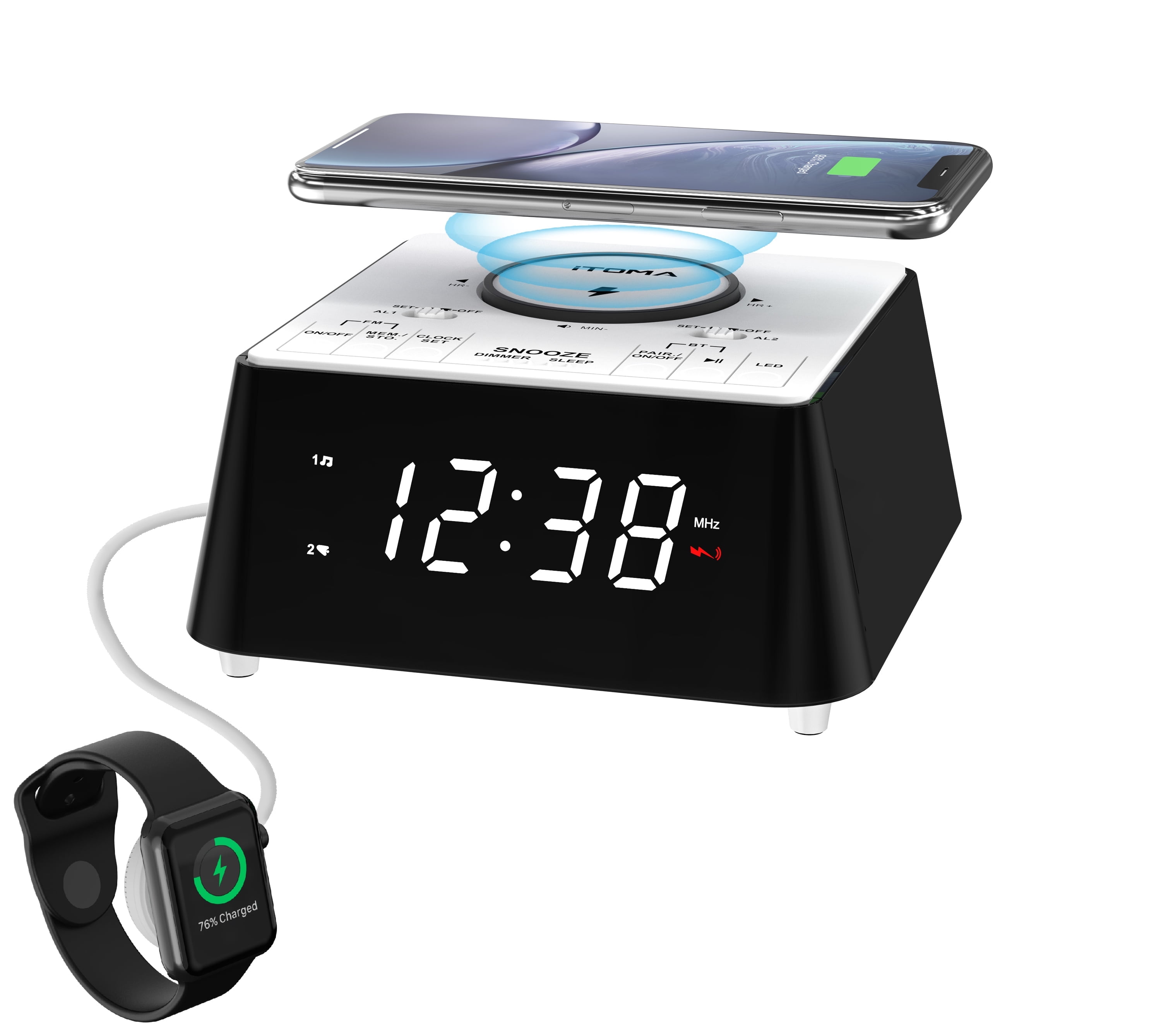 Alarm Clock with Wireless Charging, Clock Radio with Bluetooth Speaker, Dual Alarm with Snooze, USB Charging, Night Light and Dimmable Display iTOMA