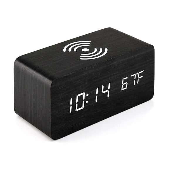 Alarm Clock with Wireless Charging Pad Compatible LED Digital Clock Sound Control Function, Time Date, Temperature Display- Black