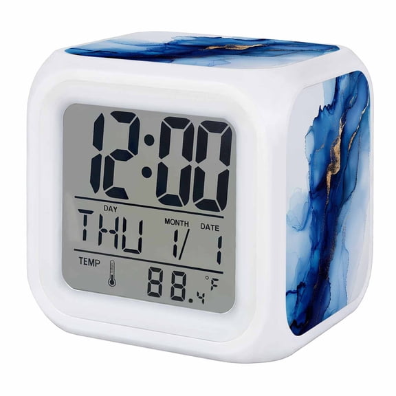 Alarm Clocks Abstract Ombre Blue Marble Digital Clock 7 Color LED Night Light Silent Non-Ticking Battery Operated White Modern Art Cube Clocks for Bedroom Bedside Living Room Office School