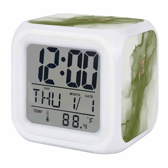 Alarm Clocks Abstract Ombre Sage Green Marble Digital Clock 7 Color LED Night Light Silent Non-Ticking Battery Operated White Modern Art Cube Clocks for Bedroom Bedside Living Room Office School