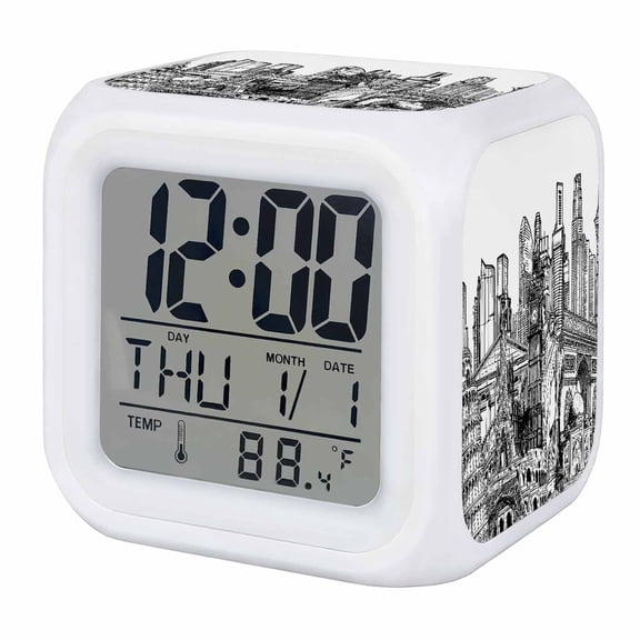 Alarm Clocks Architecture Landscape Digital Clock 7 Color LED Night Light Silent Non-Ticking Battery Operated Modern City Landmarks Cube Clocks for Bedroom Bedside Living Room Office School Decor