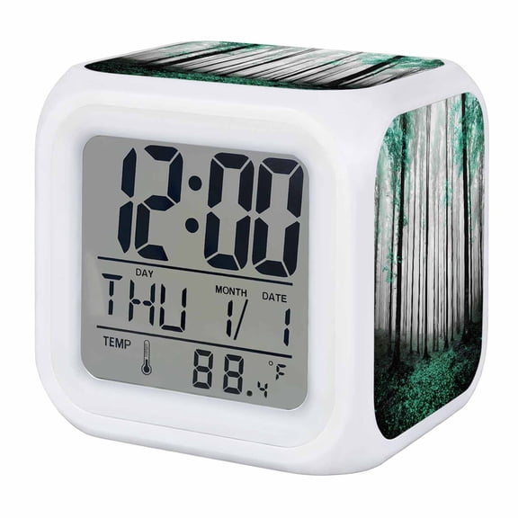 Alarm Clocks Autumn Maple Forest Digital Clock 7 Color LED Night Light Silent Non-Ticking Battery Operated Turquoise Misty Forest Trees Cube Clocks for Bedroom Bedside Living Room Office School