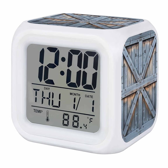 Alarm Clocks Barn Gate Digital Clock 7 Color LED Night Light Silent Non-Ticking Battery Operated Blue Farmhouse Wood Grain Walls Door Cube Clocks for Bedroom Bedside Living Room Office School