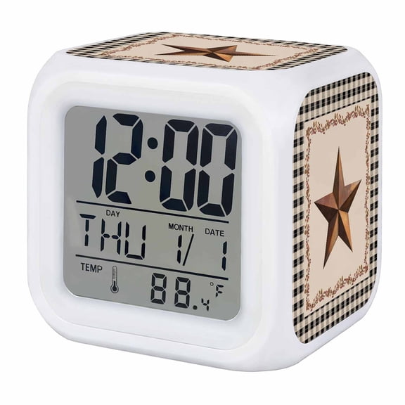 Alarm Clocks Barn Star Texas Digital Clock 7 Color LED Night Light Silent Non-Ticking Battery Operated Berry Retro Country Black Plaid Cube Clocks for Bedroom Bedside Living Room Office School