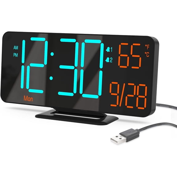 Alarm Clocks for Bedrooms, 6.7" Black Small Digital Clock LED, Desk Alarm Clock with Auto Dimming,Seconds, Day of Week, Indoor Temperature,Clocks for Living Room