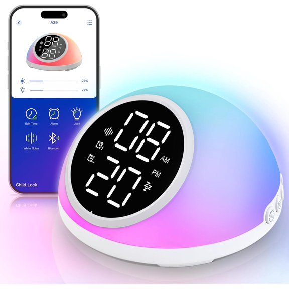 Alarm Clocks Bedrooms Sleep Sounds, Digital Dual Clock Bedroom, Bedside Adjustable Brightness Button/App Control Night Light White Noises 12/24H Up to 10 Alarms,