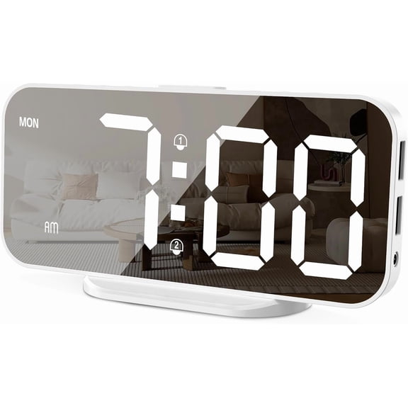Alarm Clocks for Bedrooms, Slim LED Mirror Digital Alarm Clock, Large Display with Diming Mode, Dual Alarms & USB Ports, 4 Levels Brightness, Desk Clock for Office Home Bedroom Living Room Decor