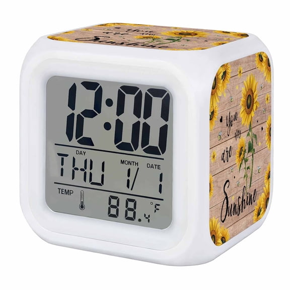 Alarm Clocks Bee Sunflowers Digital Clock 7 Color LED Night Light Silent Non-Ticking Battery Operated Rustic Wood Grain You Are My Sunshine Cube Clocks for Bedroom Bedside Living Room Office School