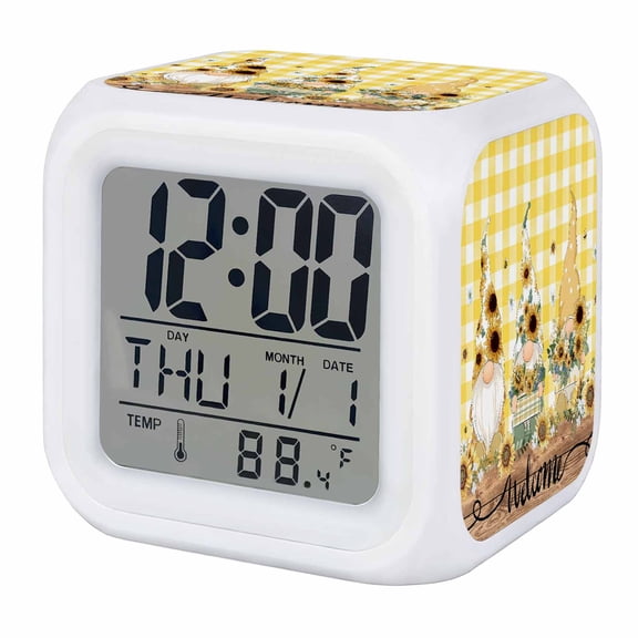 Alarm Clocks Bee Sunflowers Gnomes Digital Clock 7 Color LED Night Light Silent Non-Ticking Battery Operated Yellow Plaid Wood Welcome Cube Clocks for Bedroom Bedside Living Room Office School