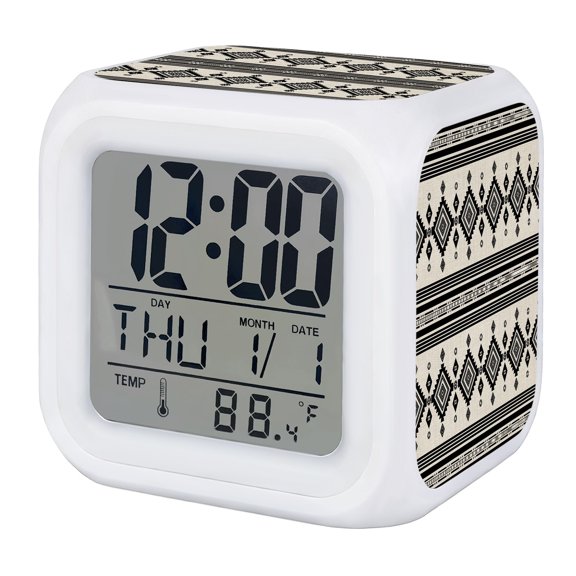Alarm Clocks Beige Bohemian Digital Clock 7 Color LED Night Light Silent Non-Ticking Battery Operated Boho Rhombus Lines Stripes Cube Clocks for Bedroom Bedside Living Room Office School Decor