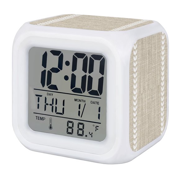Alarm Clocks Beige Linen Leaf Vines Digital Clock 7 Color LED Night Light Silent Non-Ticking Battery Operated Vertical Border Lines Cube Clocks for Bedroom Bedside Living Room Office School Decor