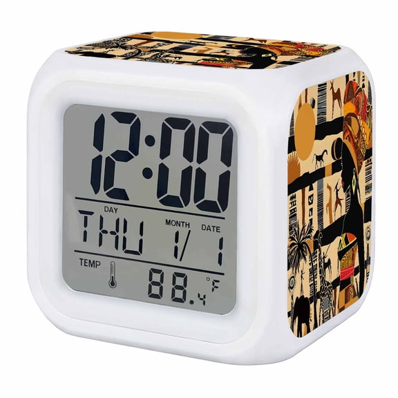 Alarm Clocks Black African Women Digital Clock 7 Color LED Night Light Silent Non-Ticking Battery Operated Ethic Animal Giraffe Elephant Cube Clocks for Bedroom Bedside Living Room Office School
