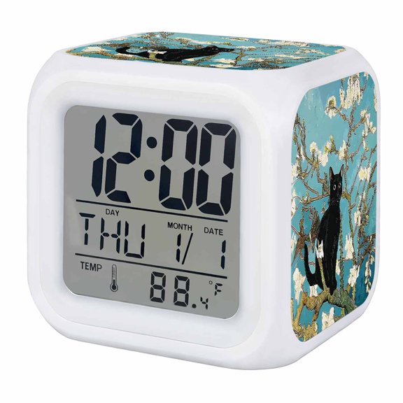 Alarm Clocks Black Cat Digital Clock 7 Color LED Night Light Silent Non-Ticking Battery Operated Floral Branches Oil Painting Cube Clocks for Bedroom Bedside Living Room Office School Decor