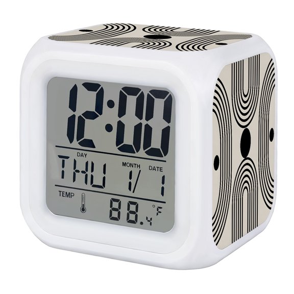 Alarm Clocks Black Circle Lines Digital Clock 7 Color LED Night Light Silent Non-Ticking Battery Operated Boho Modern Abstract Dot Cube Clocks for Bedroom Bedside Living Room Office School Decor
