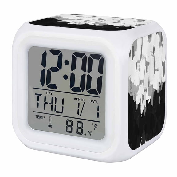 Alarm Clocks Black Graffiti Paint Digital Clock 7 Color LED Night Light Silent Non-Ticking Battery Operated Abstract Dappled Cube Clocks Decorative for Bedroom Bedside Living Room Office School