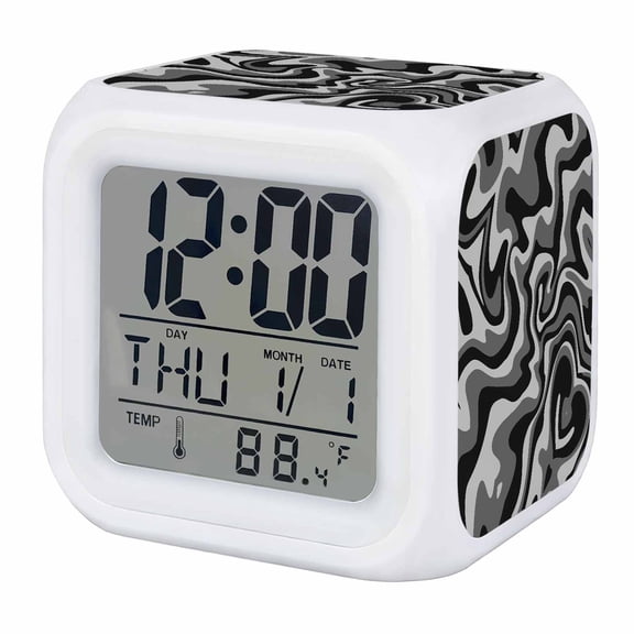 Alarm Clocks Black Grey Spiral Swirl Digital Clock 7 Color LED Night Light Silent Non-Ticking Battery Operated Liquid Art Abstract Lines Cube Clocks for Bedroom Bedside Living Room Office School