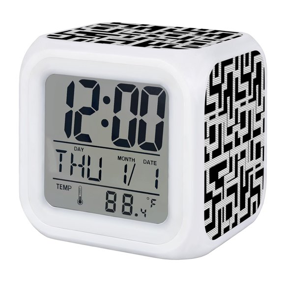 Alarm Clocks Black Interlocking Lines Digital Clock 7 Color LED Night Light Silent Non-Ticking Battery Operated Maze Labyrinth Strokes Cube Clocks for Bedroom Bedside Living Room Office School Decor