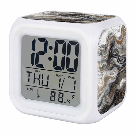 Alarm Clocks Black Marble Digital Clock 7 Color LED Night Light Silent Non-Ticking Battery Operated Abstract Fluid Art Cube Clocks Decorative for Bedroom Bedside Living Room Office School Decor