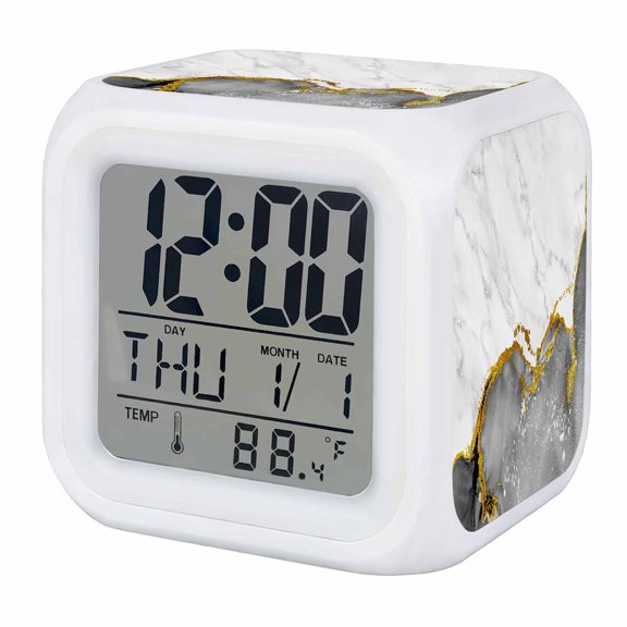 Alarm Clocks Black Marble Digital Clock 7 Color LED Night Light Silent Non-Ticking Battery Operated White Modern Abstract Art Luxury Cube Clocks for Bedroom Bedside Living Room Office School