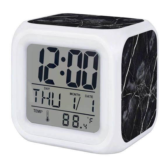 Alarm Clocks Black Marble Digital Clock 7 Color LED Night Light Silent Non-Ticking Battery Operated White Veins Stone Abstract Art Cube Clocks for Bedroom Bedside Living Room Office School Decor