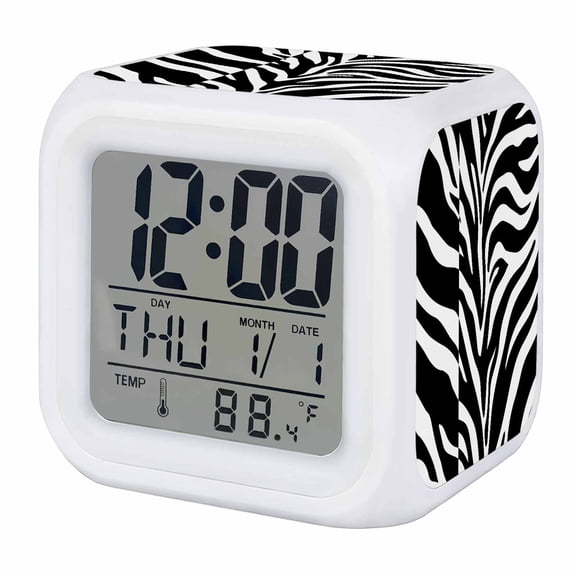 Alarm Clocks Black Tiger Tattoo Pattern Digital Clock 7 Color LED Night Light Silent Non-Ticking Battery Operated Animal Fur Texture Cube Clocks for Bedroom Bedside Living Room Office School