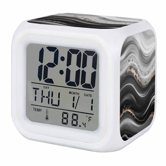 Alarm Clocks Black Waves Digital Clock 7 Color LED Night Light Silent Non-Ticking Battery Operated Ombre Abstract Fluid Art Cube Clocks Decorative for Bedroom Bedside Living Room Office School Decor