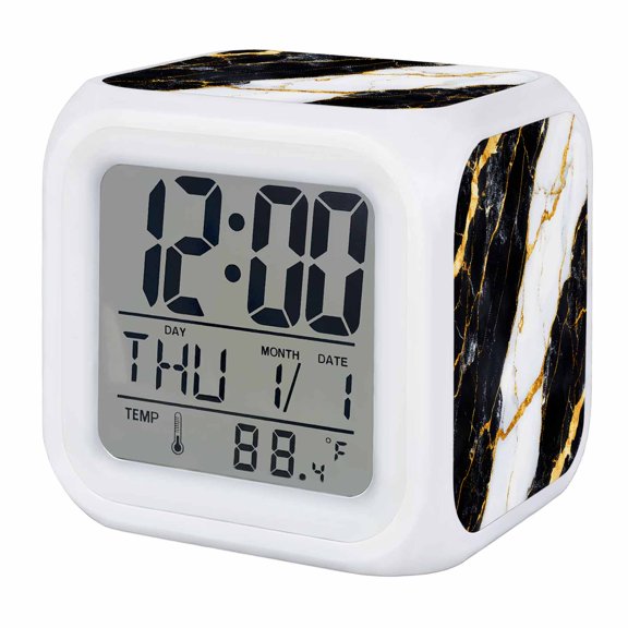 Alarm Clocks Black White Marble Digital Clock 7 Color LED Night Light Silent Non-Ticking Battery Operated Gold Abstract Art Cube Clocks Decorative for Bedroom Bedside Living Room Office School Decor