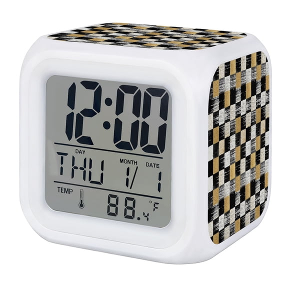 Alarm Clocks Blake Gold Squares Block Digital Clock 7 Color LED Night Light Silent Non-Ticking Battery Operated Geometric Checkerboard Cube Clocks for Bedroom Bedside Living Room Office School Decor