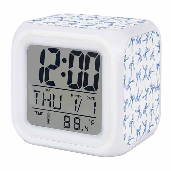 Alarm Clocks Blue Bow Ties Digital Clock 7 Color LED Night Light Silent Non-Ticking Battery Operated Cute Cube Clocks Decorative for Bedroom Bedside Living Room Office School Decor