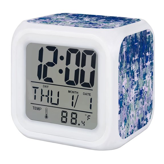 Alarm Clocks Blue Brushes Painting Digital Clock 7 Color LED Night Light Silent Non-Ticking Battery Operated Modern Abstract Art Graffiti Cube Clocks for Bedroom Bedside Living Room Office Decor